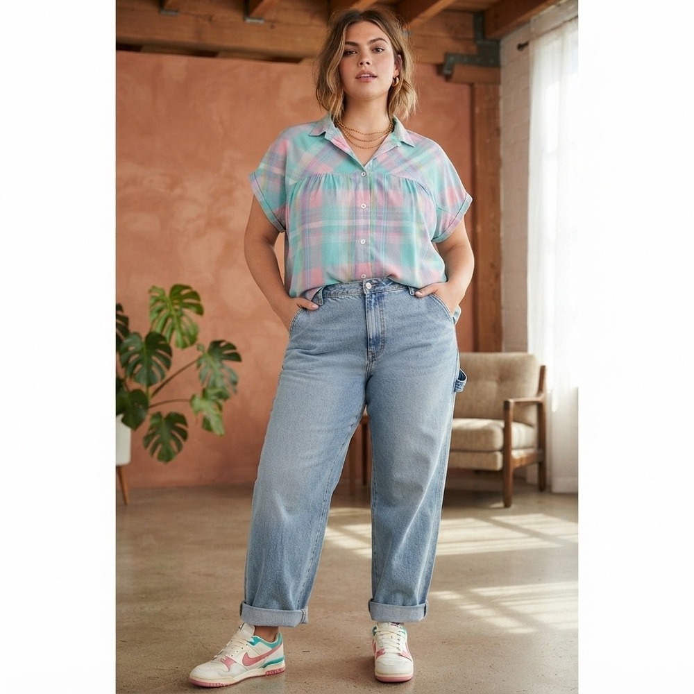 Eve Ltd Plaid Blouse Wms 20W Pastel Pink Green Cotton Short Sleeve Vintage 90s